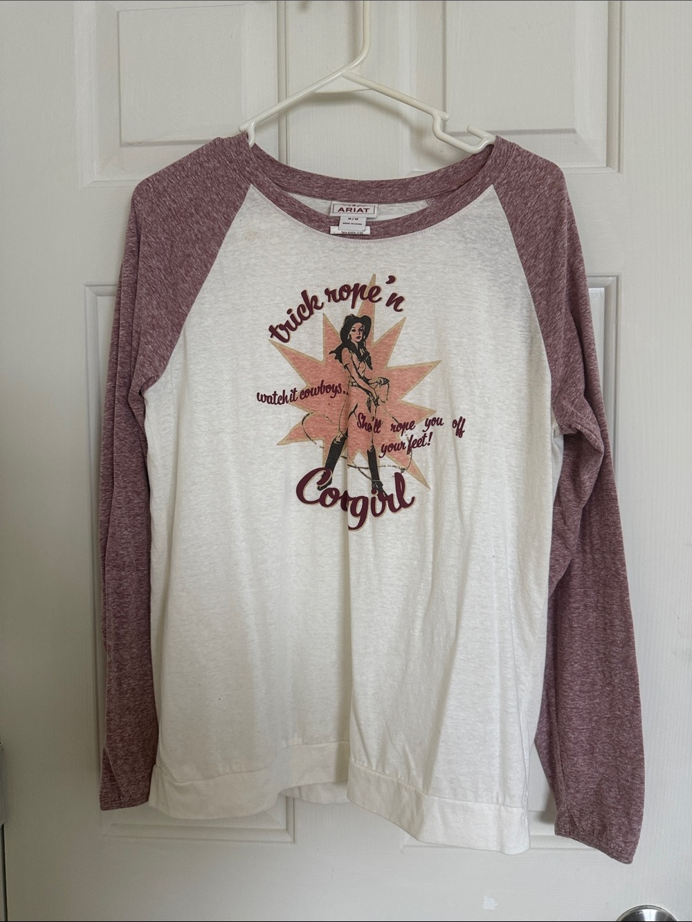 Ariat White Tee with Maroon Raglan Sleeves and Cowgirl Graphic